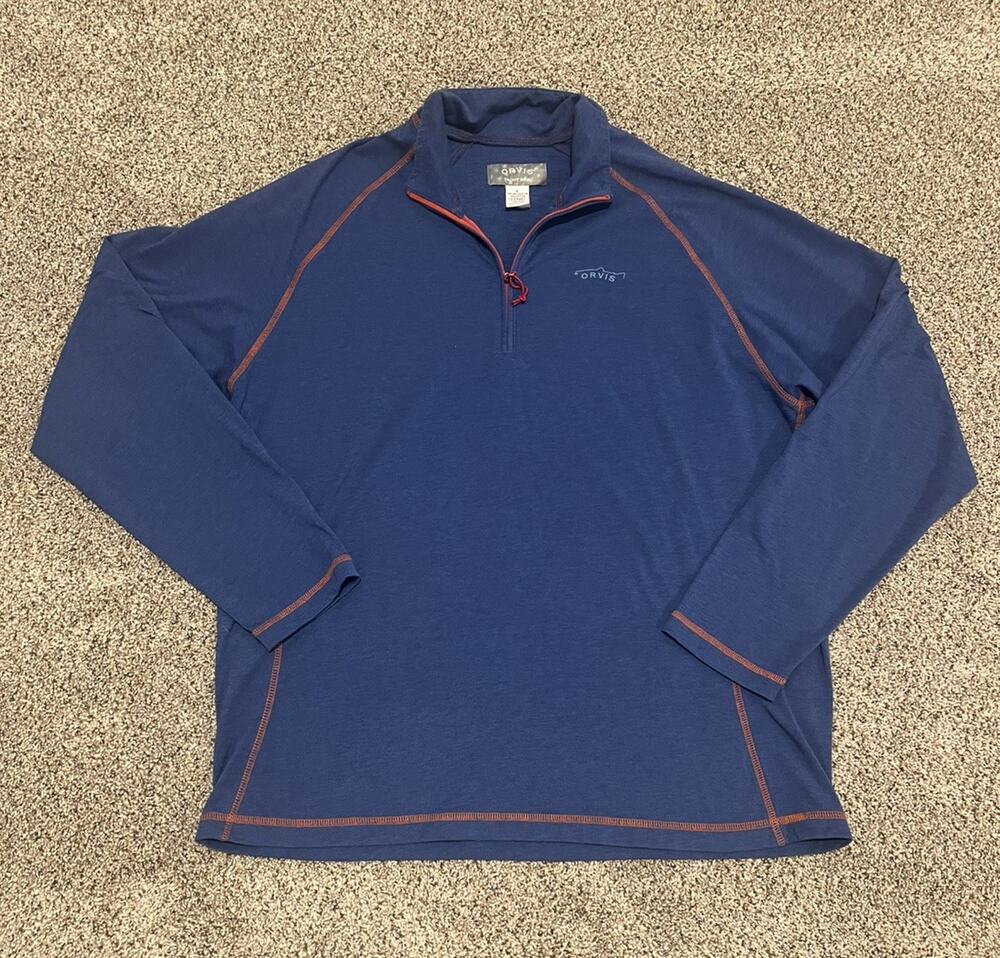 Orvis Trout Bum Mens L Blue Quarter Zip Pullover Orange Trim Fishing Stretch
